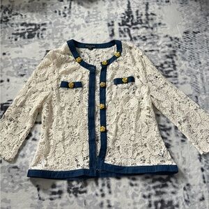 Michael Simon Lace Jacket with Navy Trim and Gold Accents